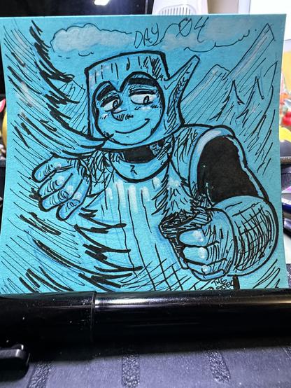 Mega Man 2’s Wood Man drawn on a light blue post it note. He’s pushing aside the branches of a large tree while smiling at the smaller potted one in his hand.