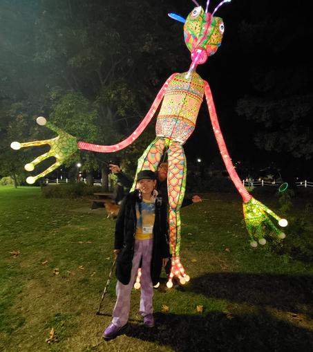 Me with giant walking puppet creature with huge frog like limbs.