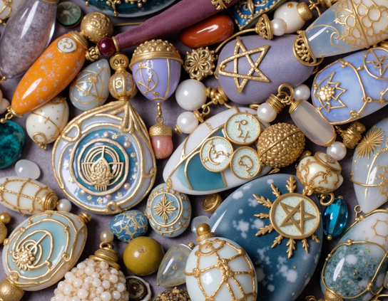 Assorted polished gemstones and charms with decorative gold accents, featuring intricate celestial and geometric symbols.