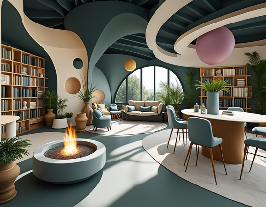 Cozy reading room with elegant furniture, indoor fireplace, and curved architectural features, creating a relaxing and stylish atmosphere.