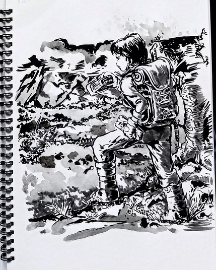 InkTober drawing showing an explorer standing in a cliff edge overlooking a valley with a strange rock-like formation partially hidden by the trees.