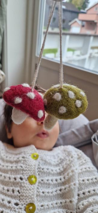 To sopp i tova ull. En rød og en grønn fluesopp. I bakgrunnen (ute av fokus) ser man halve ansiktet til en baby kledd i hvit strikkagenser.
