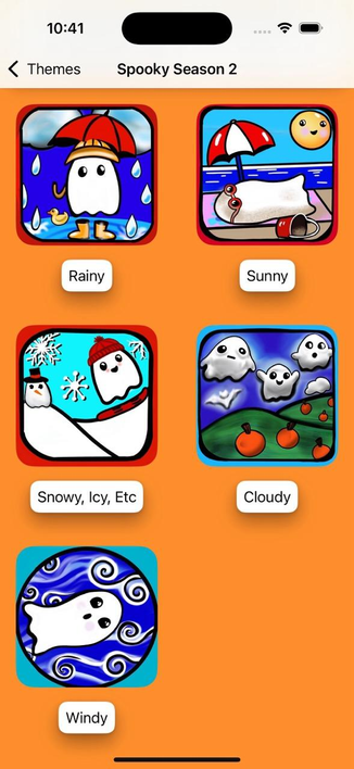 Please Don't Rain theme consisting of cartoon ghosts holding umbrellas, sunbathing, building snowmen, acting as clouds, and being blown in the wind.