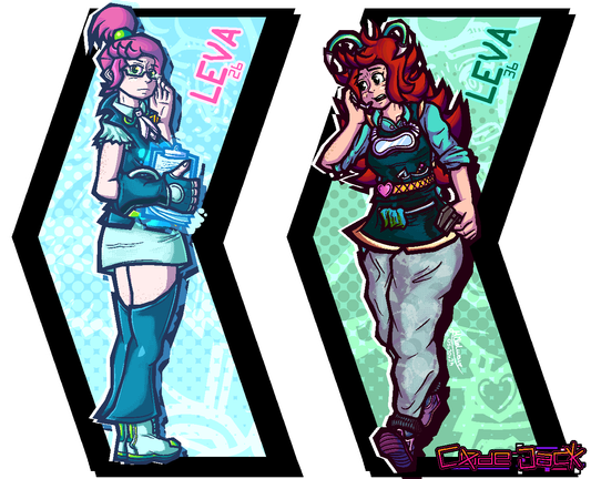 Character render art of my OC Leva, as a 26 year old Keeper on the left and a 36 year old mother on the right. Keeper Leva is illuminated with a blue light, her skin is pale, her hair is pink and tied in a bun. Her uniform features alight blue shirt with ripped sleeves, a darker blue sleeveless jacket, a light blue matching skirt and long dark blue pant legs. She is wearing a programming glove on her right hand, and is gripping a glowing blue clipboard. Mom leva has a darker skin tone, longer, messy red hair, a teal shirt with rolled up sleeves, a mechanic's apron with oil stains, as well as a tool pouch, a yellow belt with a heart clip and bleached loose pants. On her head is a headpiece with an antennae which she uses to communicate with robots. Keeper Leva is very rigid, with a cold gaze, while Mom Leva is talking to someone over the headpiece with distress.