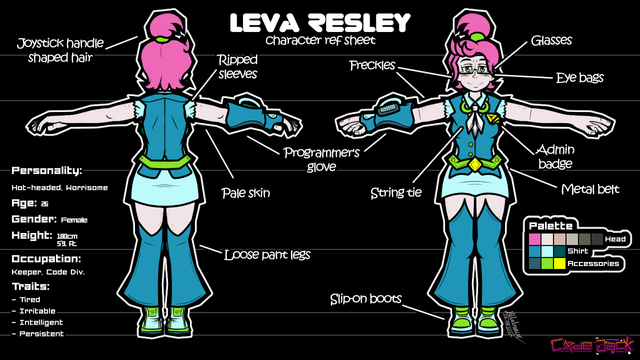 A reference sheet of Keeper Leva from 10 years ago in the story, before she was married to Crane Loft.