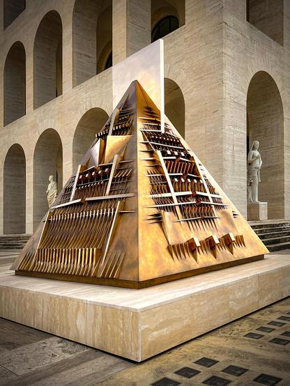 Scultura d’arte moderna a forma di piramide. Presenta varie forme geometriche e sporgenze sulla sua superficie, conferendole un aspetto complesso e strutturato. La scultura è realizzata in un materiale metallico con una finitura riflettente e dorata. È esposta all’aperto davanti a un edificio con archi in pietra e una statua nelle vicinanze, creando un ambiente artistico contemporaneo