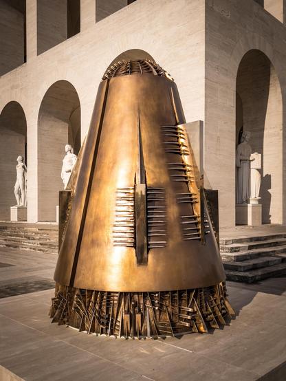 Scultura d’arte moderna a forma di cono. Presenta varie forme geometriche e sporgenze sulla sua superficie, conferendole un aspetto complesso e strutturato. La scultura è realizzata in un materiale metallico con una finitura riflettente e dorata. È esposta all’aperto davanti a un edificio con archi in pietra e una statua nelle vicinanze, creando un ambiente artistico contemporaneo