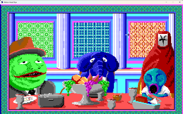 A dinner party has gathered around a luxurious table. Two participants are gluttonously enjoying themselves but between them is a concerned looking character. Against a wall behind them is an ominous masked priest.