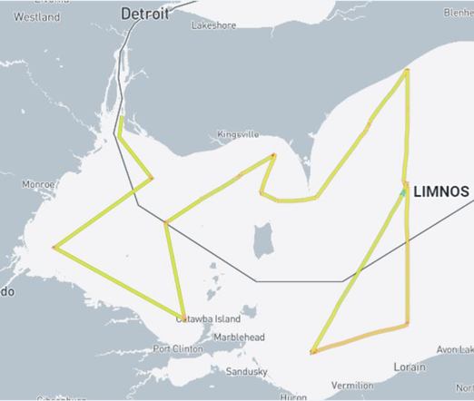 A map is shown of Lake Erie with the path of the ship Limnos zig zagging across the lake. Points where the ship stops to sample are shown in a darker orange-red colour.