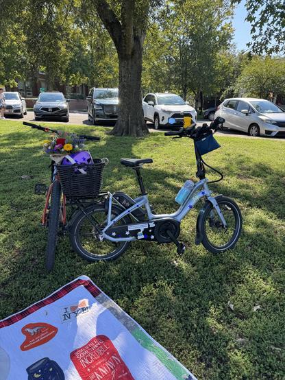 Bike leaning against another bike, next to a picnic blanket