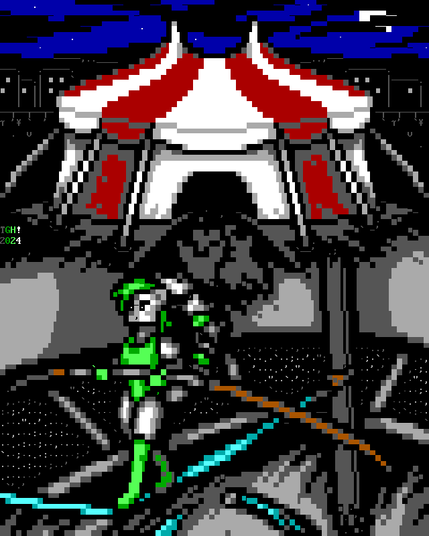 In a city at night, a throng of people with animal features files into a huge, red and white-striped circus tent with two peaks. Inside the circus tent, a smiling ringtail person in a green leotard, wearing green gloves, thigh-high boots and bands on their tail, walks across a tightrope while holding a long wooden balance pole, with a massive audience watching below.