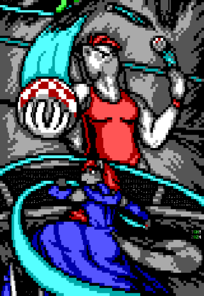From the stage beneath the tightrope, a white skunk with a red mohawk, singlet and bracelets juggles red and white checkered balls. As the audience watches, a raccoon with long red hair and a blue dress dances with their hand gripping and pulling a line of light they are drawing in the air with a plasma pen.