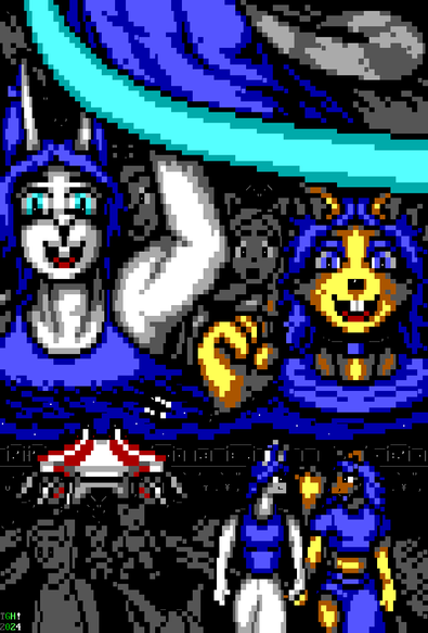 In the circus audience, a muscular rabbit and a slender squirrel cheer with raised arms. As the satisfied audience leaves the circus tent, the muscular rabbit, in a blue tank top and white trousers, and the slender squirrel, in a cropped blue t-shirt and side slit skirt, hold hands as they walk, looking into each other's eyes.