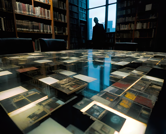 a photographic depiction of a glass tabletop with pages of photographs and text both beneath and on top of the surface, surrounded by chairs, with a humanoid figure silhouetted by a window for scale