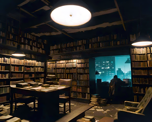 a photographic depiction of a catastrophically cluttered book-lined room in an after-hours library with possible seated humanoid silhouette near a far window for scale