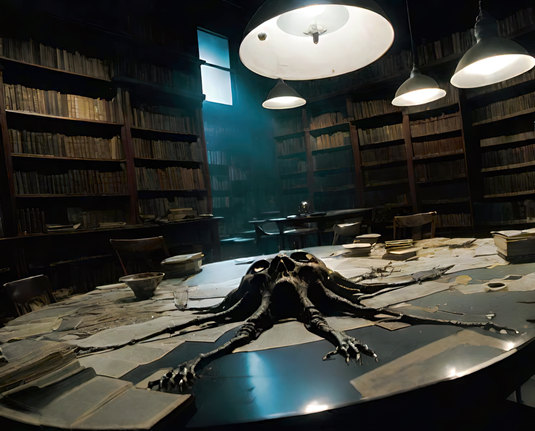 a photographic depiction of a round tabletop in an after-hours library cluttered with the pages of disassembled books and a small eldritch entity that is also either part of a disassembled book or is somehow assisting in the process of disassembly and repair