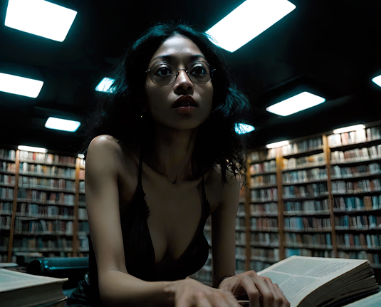 a photographic depiction of a humanoid individual at a study desk in a public library after hours