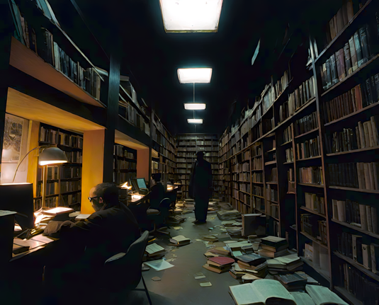 a photographic depiction of a cluttered path behind occupied study desks in a library after hours