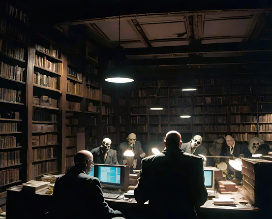 a photographic depiction of a number of humanoid individuals, some possibly undead, convening a meeting around study tables in a public library after hours