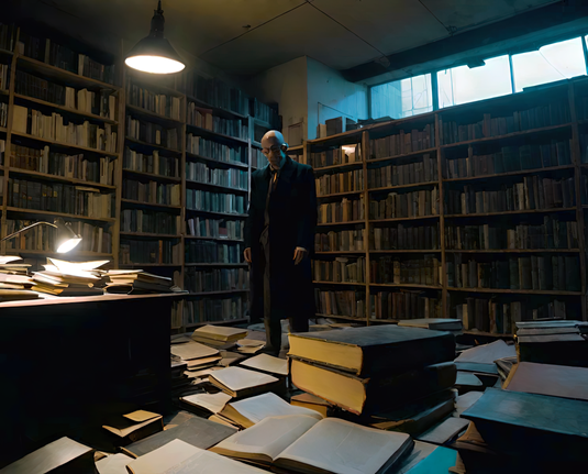 a photographic depiction of a cluttered research room in a public library after hours with shambling humanoid individual for scale