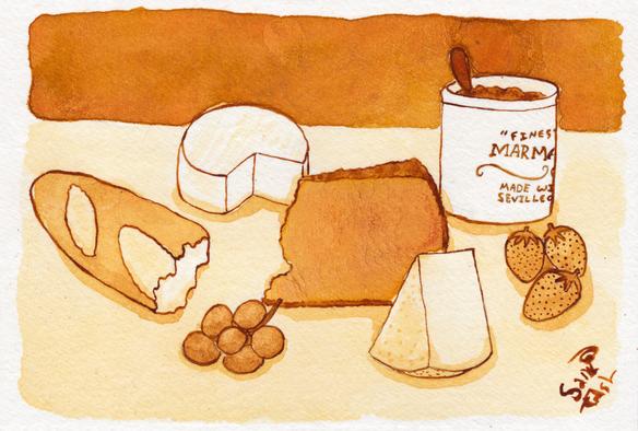 Still life ink painting in shades of rich orange of a cheeseboard, featuring three different cheeses, half a baguette, some grapes and strawberries, and a jar of vintage marmalade.