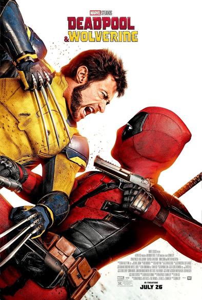 Poster for Deadpool and Wolverine. Featuring Hugh Jackman as Wolverine on the left with his adamantium claws ready to stab Deadpool on the center-right, who's armed with duel desert eagle pistols