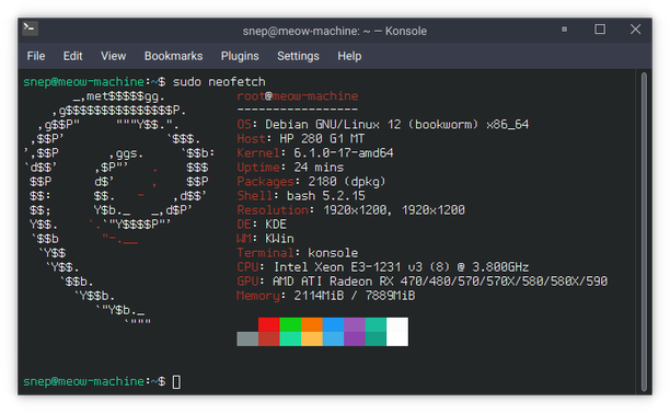 A screenshot of "neofetch" being run in Konsole, showing the system specs of the computer.

Text output copied below (minus the Debian logo ASCII art):

root@meow-machine
OS: Debian GNU/Linux 12 (bookworm) x86_64
Host: HP 280 G1 MT
Kernel: 6.1.0-17-amd64
Uptime: 24 mins
Packages: 2180 (dpkg)
Shell: bash 5.2.15
Resolution: 1920x1200, 1920x1200
DE: KDE
WM: KWin
Terminal: konsole
CPU: Intel Xeon E3-1231 v3 (8) @ 3.800GHz
GPU: AMD ATI Radeon RX 470/480/570/570X/580/580X/590
Memory: 2114MiB / 7889MiB