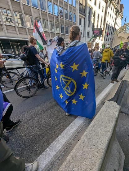 Zwei Menschen gehen mit einer Europäische Xr Flagge auf der Demo