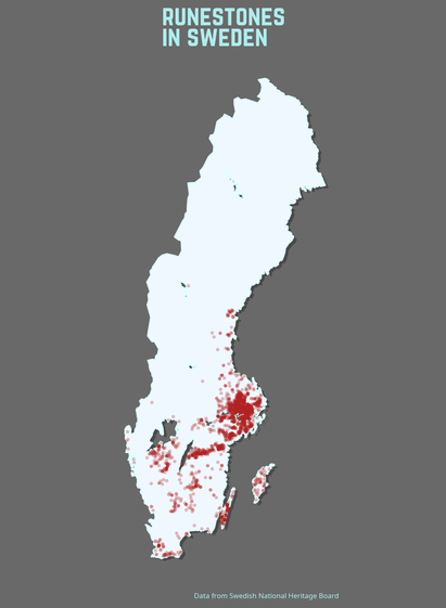 Map of Sweden with dots showing the location of runestones.