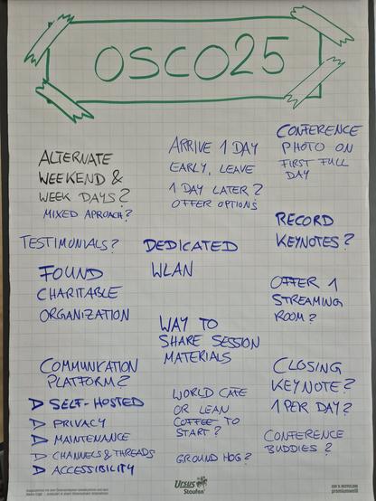 Phot of a flipchar with gathered ideas for the Open Security Conference 2025:

* Alternate weekend and week days? Mixed approach?
* Arrive one day earlier, leave one day later? Offer options
* Conference photo on first day
* Testimonials?
* Found charitable organization
* Dedicated WLAN
* Record keynotes?
* Offer one streaming room?
* Way to share session materials
* Communication platform: self-hosted, privacy, maintenance, channels and threads
* World café or lean coffee to start?
* Ground hog?
* Closing keynote? One per day?
* Conference buddies?