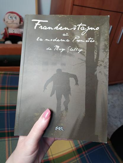 Kovrilpaĝo de "Frankenŝtajno aŭ la moderna Prometeo", de Mary Shelley. La bildo montras ombran viran silueton, kiu ŝajnas kuri kun iom tordita korpo tra arbaro lumigita de mallantaŭe per brila sunlumo. Mia mano, blankhaŭta kaj kun rozkolore lakitaj ungoj, tenas la libron. Fone de la foto videblas Eta Bandito.
