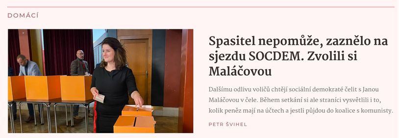 Screenshot článku s nadpisem "Spasitel nepomůže, zaznělo na sjezdu SOCDEM. Zvolili si Maláčovou"