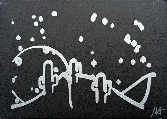 A minimalist desert scene under a moonlit sky, created using a pen plotter programmed to dip a paintbrush into silver metallic ink. The crescent moon floats above abstracted desert dunes and cacti, outlined in smooth lines. Scattered stars are represented with silver ink dabs, creating a serene, expansive night sky. The reflective quality of the silver ink against the black background evokes the calm and solitude of a desert night. In close-up, the textured silver ink stars have a cratered, hand-painted appearance, adding dimension. The crescent moon is detailed with metallic strokes, enhancing the organic feel of the scene. This piece meditates on the quiet of a desert night, its calm reinforced by each star and line being hand-programmed—each element unique, like every night spent under the sky.