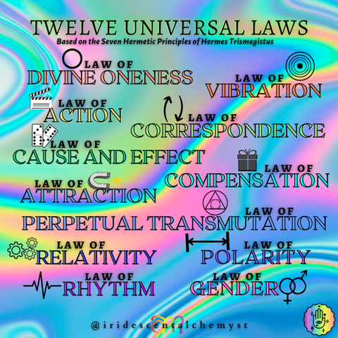 Twelve Universal Laws Based on the Seven Hermetic Principles of Hermes Trismegistus Law of Divine Oneness; Law of Vibration; Law of Action; Law of Correspondence; Law of Cause and Effect; Law of Compensation; Law of Attraction; Law of Perpetual Transmutation; Law of Relativity; Law of Polarity; Law of Rhythm; Law of Gender @iridescentalchemyst