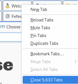Screenshot of a context menu with all tabs of a Firefox browser window selected. It shows that there are 5633 tabs opened.