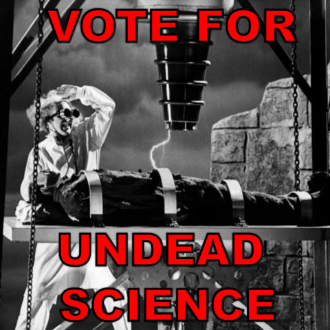 Lightning scene from "Young Frankenstein", meme text "Vote for undead science"