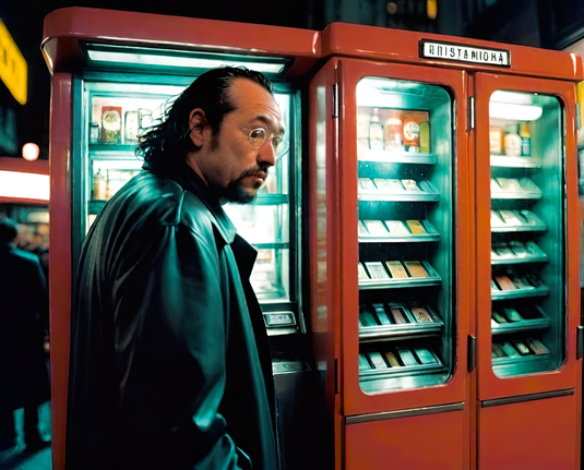 a photographic depiction of a humanoid individual in profile visiting a small collection of vending machines in a public space at night
