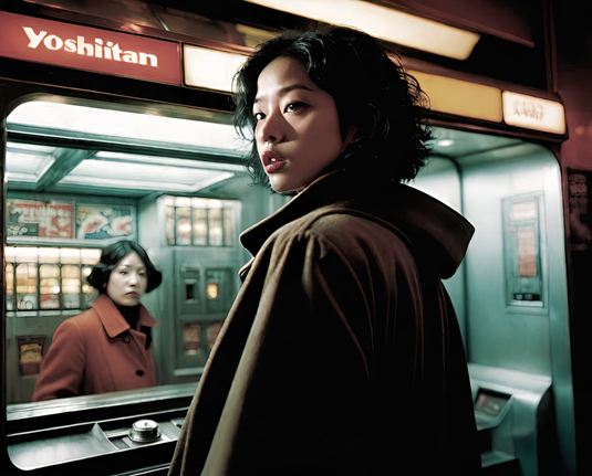 a photographic depiction of a pair of humanoid individuals isolated from each other by automated food vending equipment