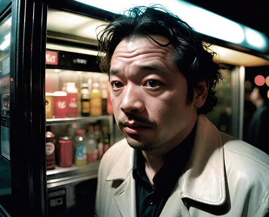 a photographic depiction of a humanoid individual in close-up walking past an outdoor urban food and beverage vending kiosk  at night