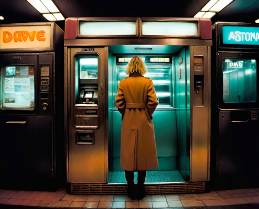 a photographic depiction of the rear view of a humanoid individual in an overcoat contemplating airlocked entry into a automated vending establishment