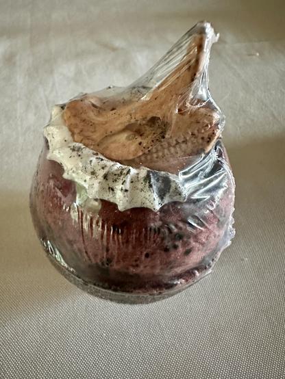 A reddish-black bath bomb topped with a dinosaur skull.