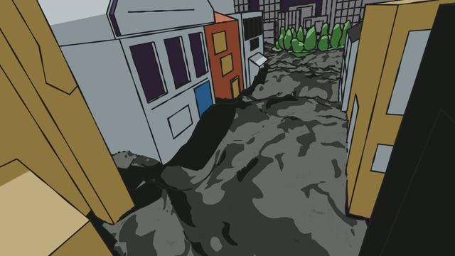 cartoon rendering of a street of houses, taken from second floor; the streets are flooded with water