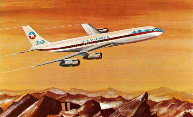 An artist rendition of the plane flying over arid mountain tops. The sky brown, red, yellow and rust-colored.