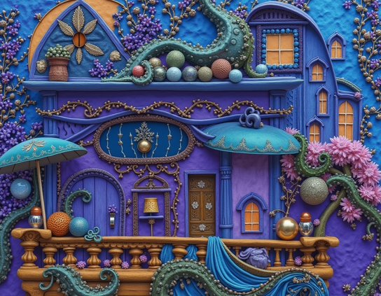 Whimsical fairy house in vibrant blues, purples, golds, and aquas, a garden balcony, and cephalopod decor.