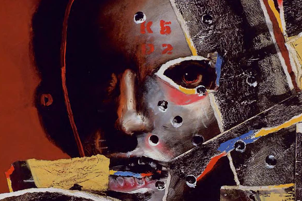 1992 

A painting of a face with a metallic mask, revealing parts of the eyes and lips.
Tags: abstract art, urban expressionism, mixed media, metallic texture