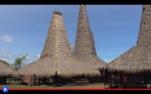 Veduta prospettica di un gruppo di grandi capanne con tetto di paglia del tutto simili a cabanas, ma sovrastate da svettanti strutture dalla forma vagamente piramidale.