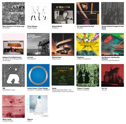 Collage des pochettes des albums de Asher Gamedze & The Black Lungs (Constitution), Félicia Atkinson (Image Langage), Bertrand Betsch (A Rebours), The Experimental Pop Band (Homesick), Ibelisse Guardia Ferragutti & Frank Rosaly (Mestizx), Godspeed You! Black Emperor ("No Title As Of 13 February 2024 28,340 Dead"), La Fresto (Port-Giraud #1), Molchat Doma (Belaya Polosa), Polyphème (Le Rêve De Polyphème), Rob Mazurek, Exploding Star Orchestra (Live At The Adler Planetarium), SML (Small Medium Large), Laetitia Sonami / Éliane Radigue (A Song For Two Mothers / OCCAM IX), Sparks (Annette (Unlimited Edition - The Original Motion Picture Soundtrack)), Tristwch Y Fenywod (Tristwch Y Fenywod), Vox Low (Vox Low), Winter Family (On Beautiful Days), Wysteria (Lycoris)