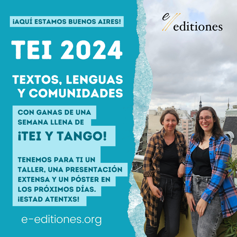 El texto de la izquierda dice: «¡te espera una semana llena de TEI y tango! Tenemos un taller, una ponencia larga y un póster para vosotros los próximos días. Estad atentos!». A la derecha hay una foto de Magda y Helena