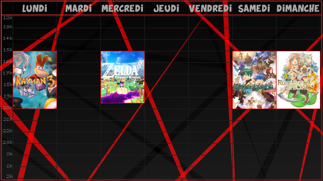 -Lundi, de 15h jusqu'à 20h, le deuxième et dernier live sur Rayman 3 Hoodlum Havoc sans faute ! La fin du jeu et tous les mini-jeux et extras !
-Mercredi, de 15h jusqu'à 19h30, tout plein de donjons sur The Legend of Zelda Echoes of Wisdom;
-Samedi, de 15h jusqu'à 20h, toujours plus proche de la fin de Baten Kaitos HD Remaster;
-Et Dimanche, de 15h jusqu'à 20h, on ressort du placard ce bon vieux Rune Factory 3 Special ! (On rappelle qu'il y a un nouveau Rune Factory début d'année prochaine)