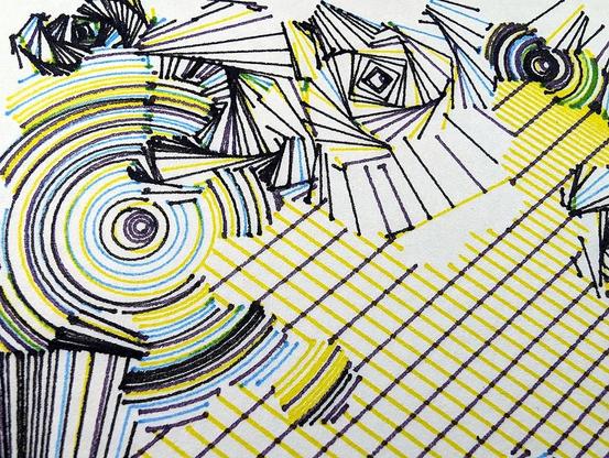 A deeply intricate pen plotter piece inspired by wave function collapse. Its dynamic, sweeping lines and swirling intersections echo the chaos of a mind struggling in the storm. The layers of lines symbolize descent, revealing the intricate, uncontrollable patterns of thought, emotion, and the universe. The artwork's abstract nature allows the viewer to feel the intensity of forces beyond control, blending physical and mental states into one visual narrative.